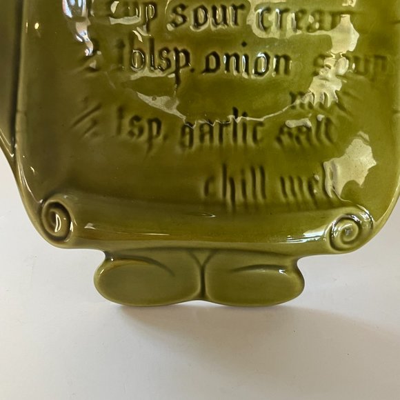 California Pottery Onion Soup Chip Dip Recipe Avocado green Tray Glaze MCM - Picture 6 of 16